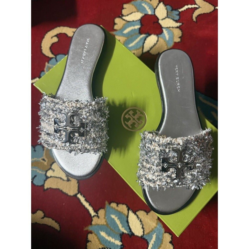 Tory Burch Brand new Everly Slide Foil Jute Twill It Silver $375